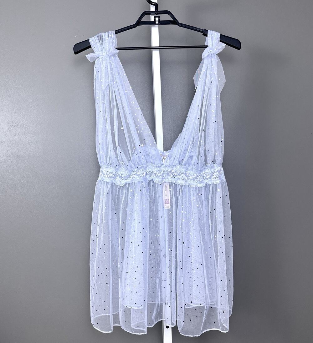Adore Me Novah Babydoll 4X Light Purple Blue Silver Sparkle Mesh Lingerie NWT